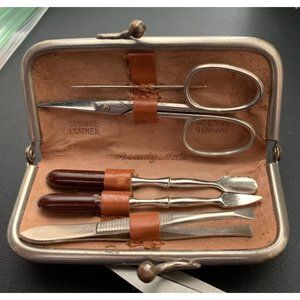 Vintage Mini Travel Manicure Set Brown Leather